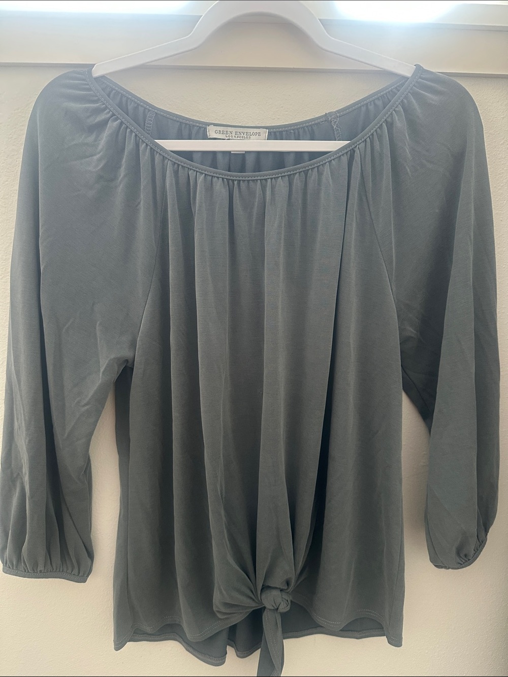 Green Envelope Slate Gray Tie-Front Peasant Blouse